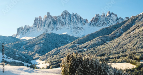 Winter panorama with white snow in Dolomites mountain, Italy.