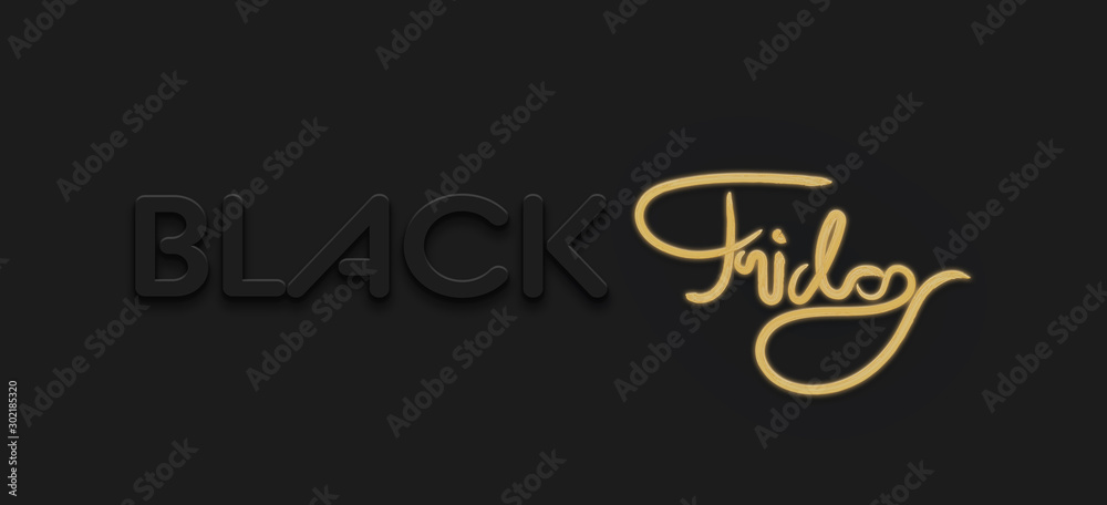 Black Friday Sale. Horizontal banner with golden shiny text. Design template. Copy space. 3D illustration.