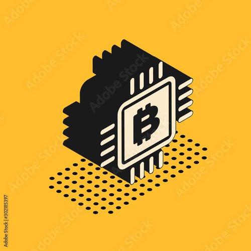 Isometric CPU mining farm icon isolated on yellow background. Bitcoin sign inside microchip. Cryptocurrency mining community. Digital money. Vector Illustration