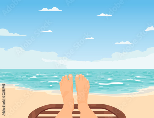 feet, beach, sea. sunbathing on a tropical beach.