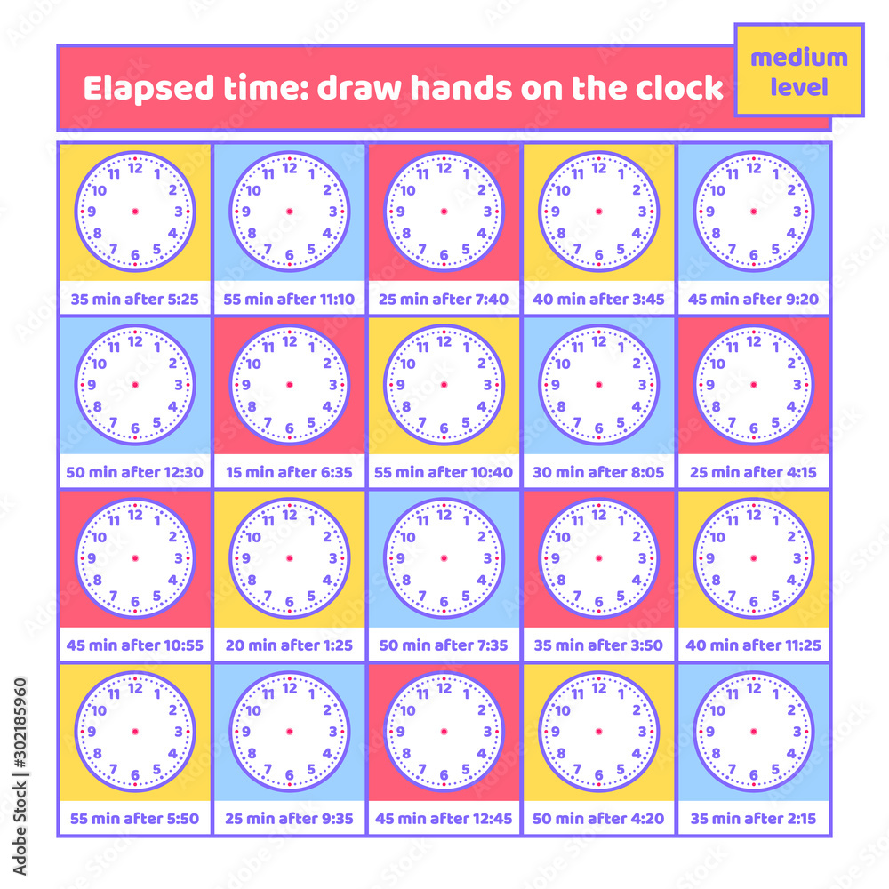 Elapsed time draw hands on the clock worksheet for kids. Addition and