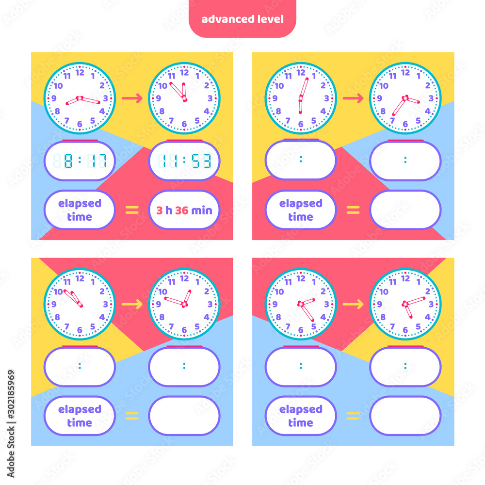 Elapsed time and Telling time worksheet for kids. Understanding analog