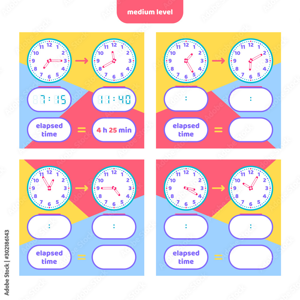 Elapsed time and Telling time worksheet for kids. Understanding analog and digital clocks. Educational Game Set. Math game.