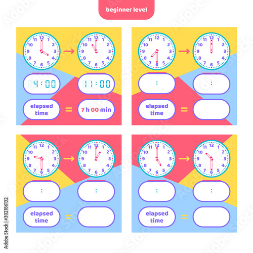 Elapsed time and Telling time worksheet for kids. Understanding analog and digital clocks. Educational Game Set. Math game.