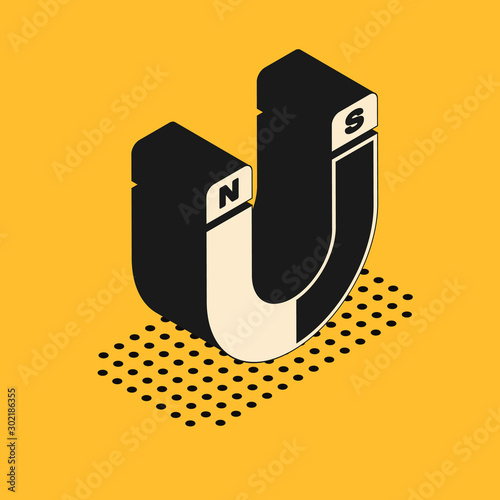 Isometric Magnet icon isolated on yellow background. Horseshoe magnet, magnetism, magnetize, attraction sign. Vector Illustration