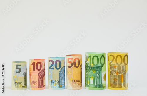 Different Euro banknotes from 5 to 200 Euro