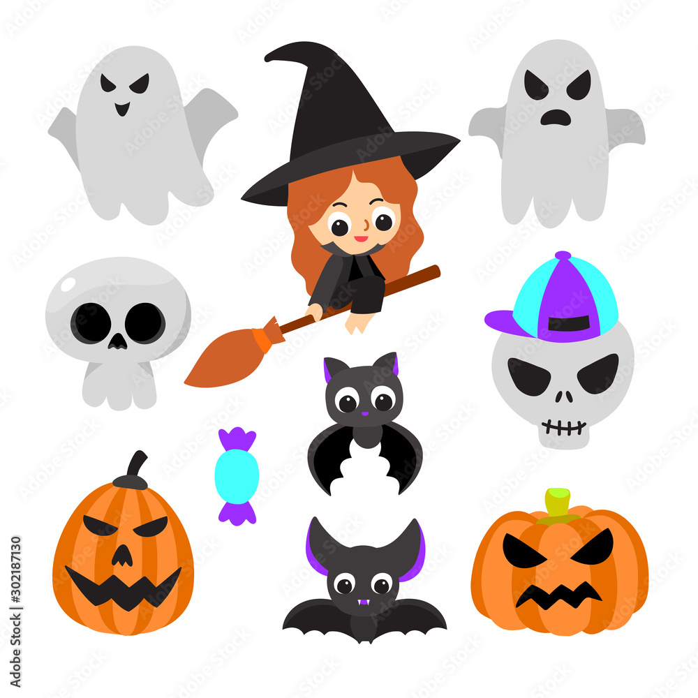 Halloween Symbols Collection.the Witch Riding A Broom. Stock Vector 