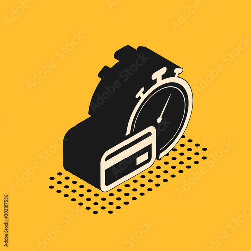 Isometric Fast payments icon isolated on yellow background. Fast money transfer payment. Financial services, fast loan, time is money, cash back concept. Vector Illustration