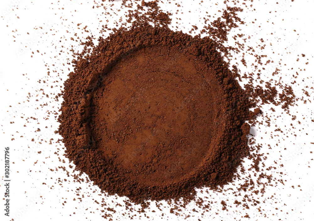 Instant powdered coffee for espresso frame isolated on white background, top view - obrazy, fototapety, plakaty 