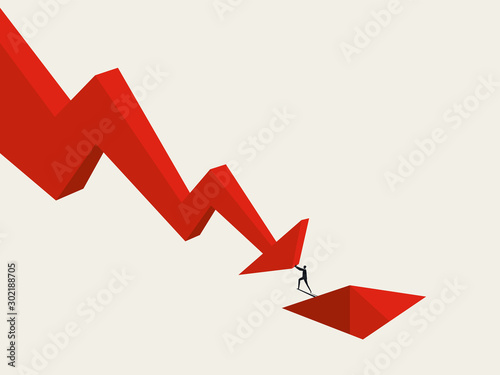 Business bankruptcy and default vector concept with businessman falling into hole. Recession, crisis symbol.