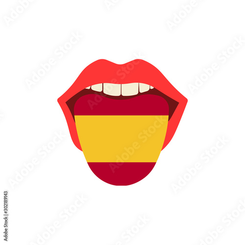 Learning language concept. Learning Spanish language. Tongue in open mouth with flag. Flat design