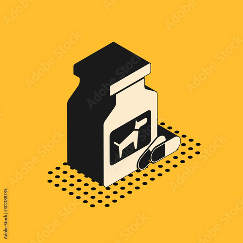 Isometric Dog medicine bottle and pills icon isolated on yellow background. Container with pills. Prescription medicine for animal. Vector Illustration
