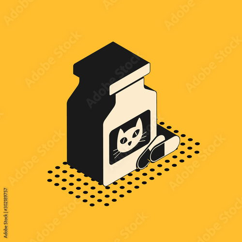 Isometric Cat medicine bottle and pills icon isolated on yellow background. Container with pills. Prescription medicine for animal. Vector Illustration