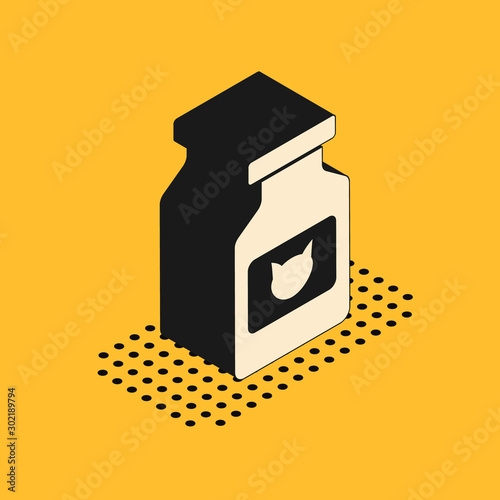 Isometric Cat medicine bottle icon isolated on yellow background. Container with pills. Prescription medicine for animal. Vector Illustration