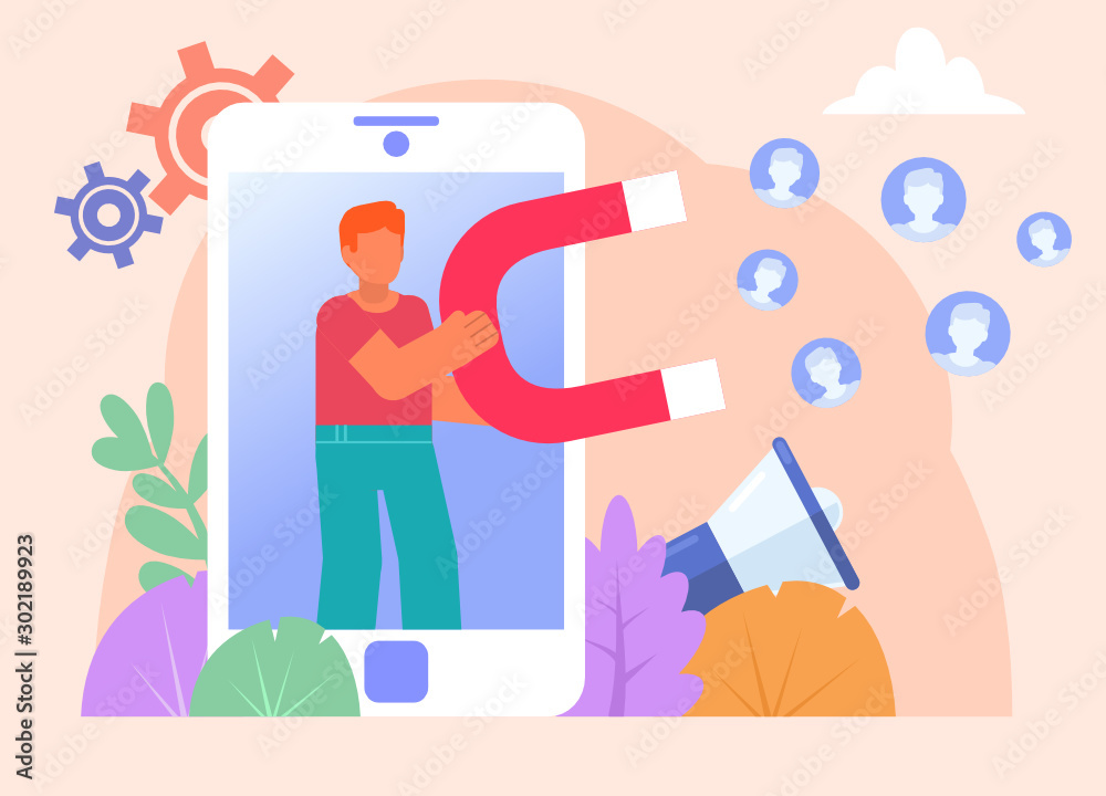 Man attracting new social media followers with magnet from phone. SMM subscribers increase concept. Poster for social media, web page, banner, presentation. Flat design vector illustration