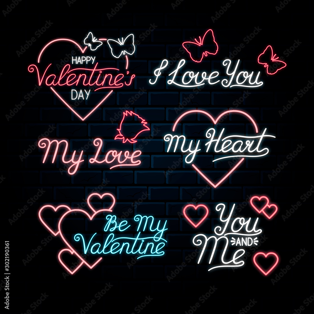 Set of Glowing neon signs with luminic lettering for happy valentines day celebration. Vector isolated romantic led signboard for family cafe background with heart, rose and butterfly.