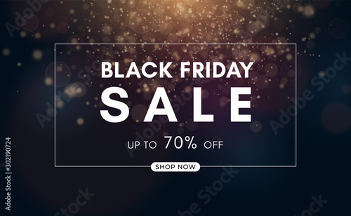 Black Friday sale design. Dark background and gold confetti. Vector illustration. photo
