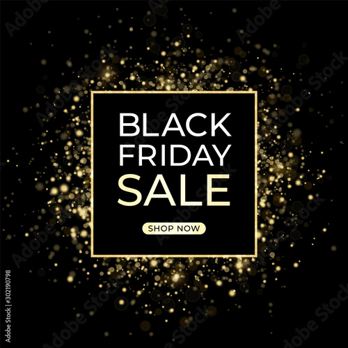 Black Friday sale design. Dark background and gold confetti. Vector illustration.