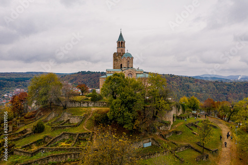 Aerial view of ancient church in Europe