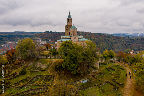 Aerial view of ancient church in Europe