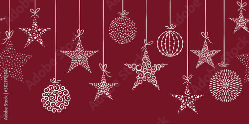 Hand drawn hanging christmas baubles horizontal seamless, great for christmas themes, banners, wallpaper, textiles - vector design