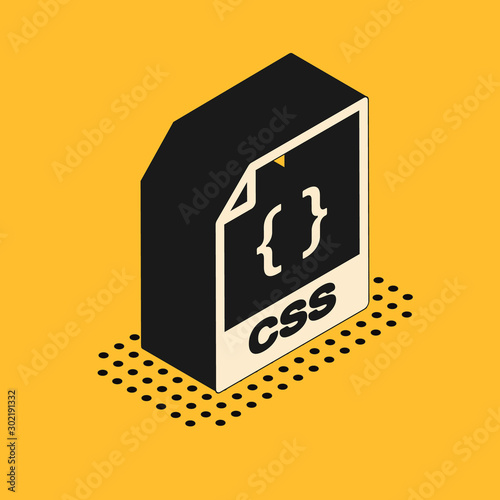 Isometric CSS file document. Download css button icon isolated on yellow background. CSS file symbol. Vector Illustration