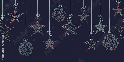 Hand drawn hanging christmas baubles horizontal seamless, great for christmas themes, banners, wallpaper, textiles - vector design