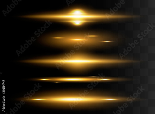 Blue horizontal lens flares pack. Laser beams, horizontal light rays.Beautiful light flares. Glowing streaks on dark background.