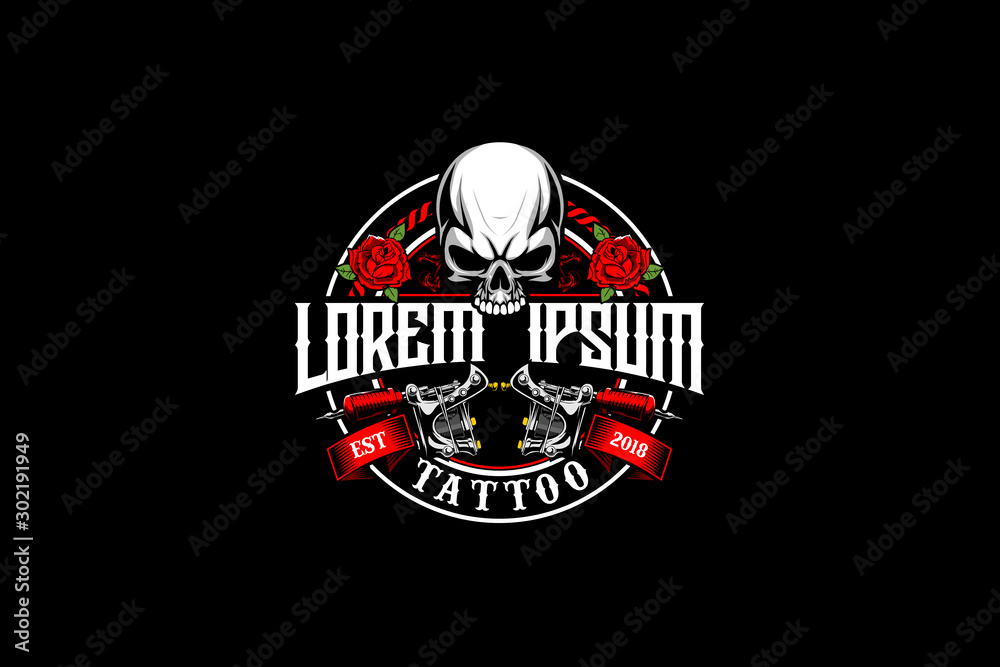 SKULL WITH TATTOO GUN AND ROSE VECTOR FOR TATTOO STUDIO LOGO TEMPLATE