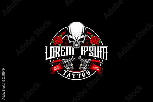SKULL WITH TATTOO GUN AND ROSE VECTOR FOR TATTOO STUDIO LOGO TEMPLATE