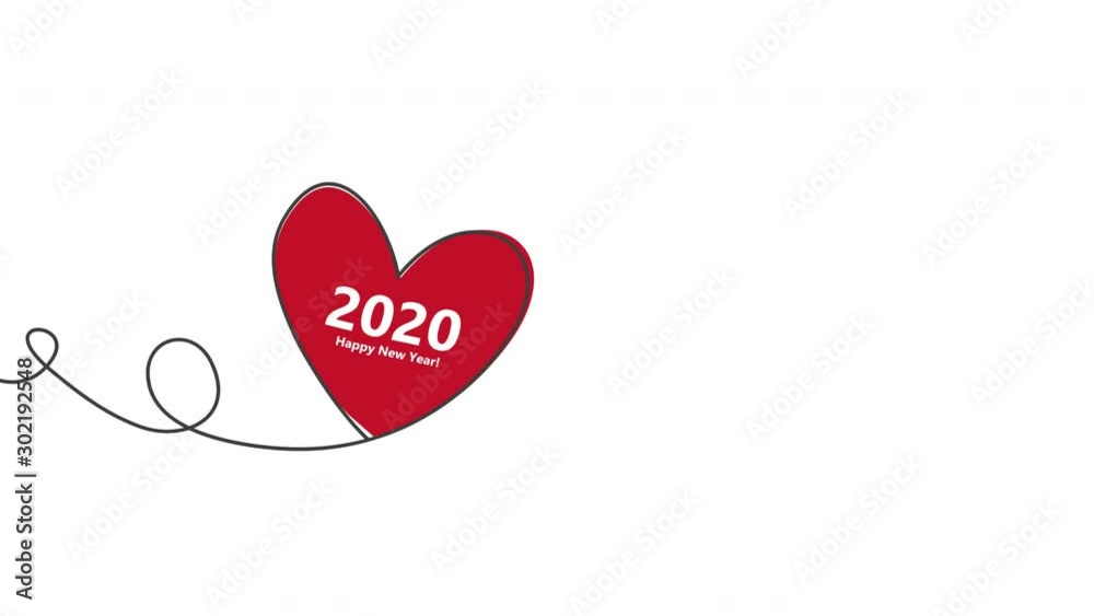 Happy New Year 2020 with Heart shaped balloon in continuous drawing lines and glitch red heart in a flat style in continuous drawing lines. Continuous black line. The work of flat design. Symbol of Happy New Year 2020 with Heart shaped balloon in continuous drawing lines and glitch red heart in a flat style in continuous drawing lines. Continuous black line. The work of flat design. Symbol of