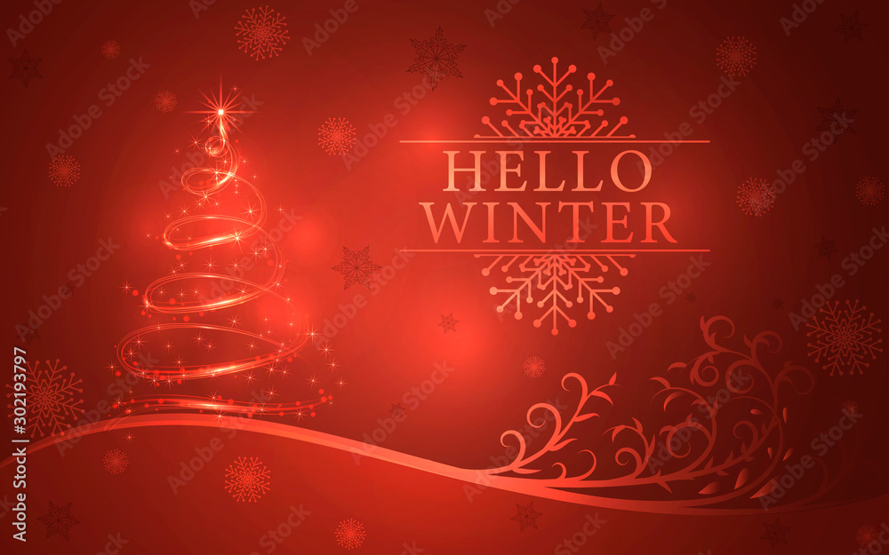 Red christmas background with swirl-christmas tree in bright color with big and small snowflakes on the backdrop. With the inscription, place for text.