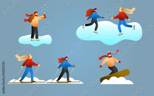 Set of elements of people poses for use in layouts, presentations and design. Winter sports - skiing, snowboarding, ice skating. Use for event invitation, discount voucher, advertising.