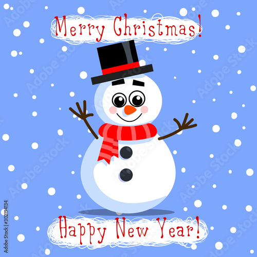 Snowman in hat, snow, blue sky