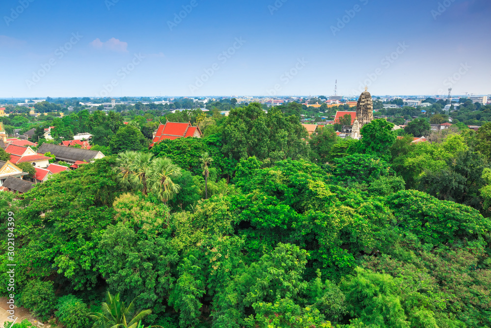 Top view of Phra Mahathat temple The Buddhist Temple and  Ratchaburi cityscape at Ratchaburi province Thailand
