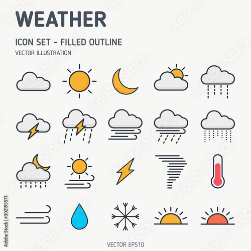Weather icons. Filled outline weather icon set. Vector icon.