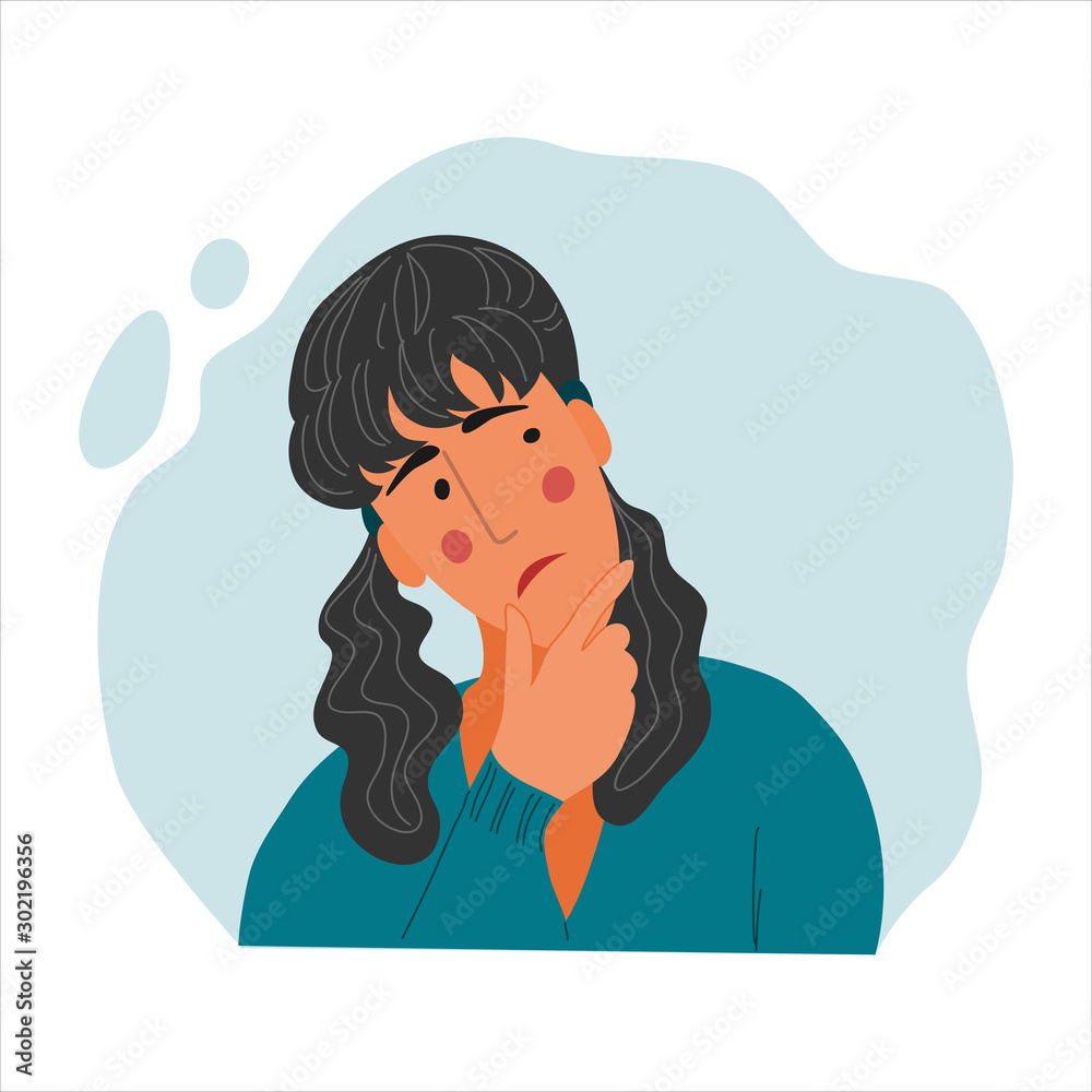 Emotional Women portrait, hand drawn flat style design concept illustration of pensive girl, female face and shoulders avatars. Vector Emotional Women portrait, hand drawn flat style design concept illustration of pensive girl, female face and shoulders avatars. Vector