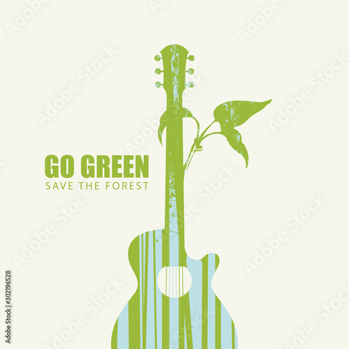 Vector illustration on the theme of environmental protection with the words Go green, Save the forest. Abstract poster in the form of guitar and twig with silhouettes of trees. Eco Poster Concept