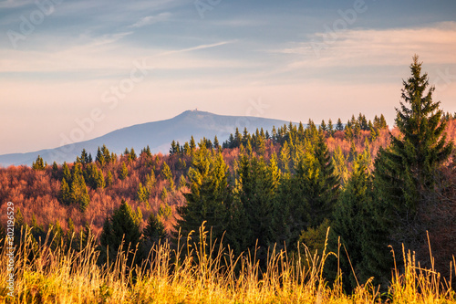 View on The Lysa hora hill  highest mountain of the Moravian-Silesian Beskids range in the Czech Republic  Europe.