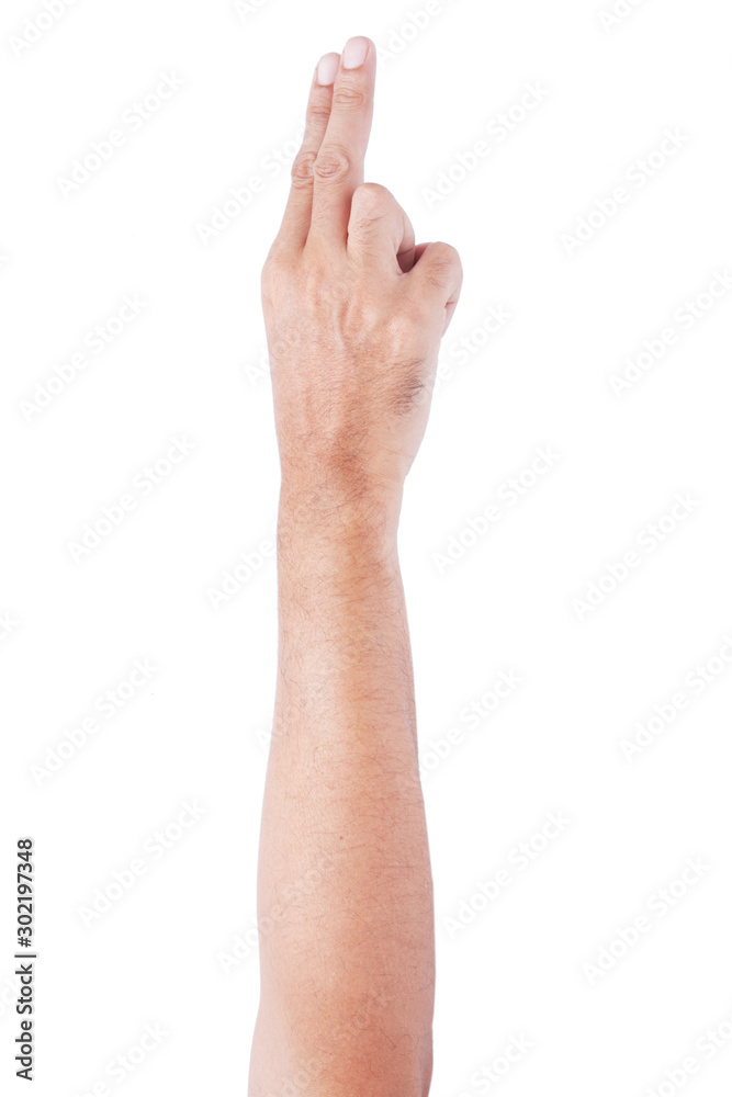 Male Asian hand gestures isolated over the white background. Two fingers Action. Gun Pose. Male Asian hand gestures isolated over the white background. Two fingers Action. Gun Pose.