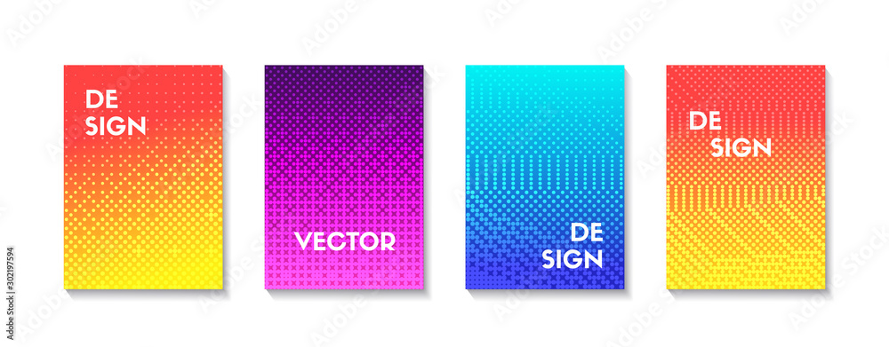 Halftone effect vertical templates. Vector colorful gradient halftone backgrounds. Mock up for brochures, covers