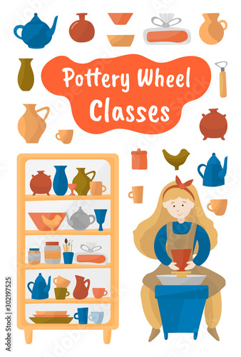 Pottery wheel and pottery mega vector set for background, print or textile. Ceramist, potter's wheels, pots, dishes, teapots, plates. Isolated items on a white background.