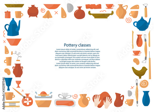 Pottery wheel and ceramics frame background for articles, cards, flyers, posters. Cups, teapots, plates, clay in the form of a rectangular frame.