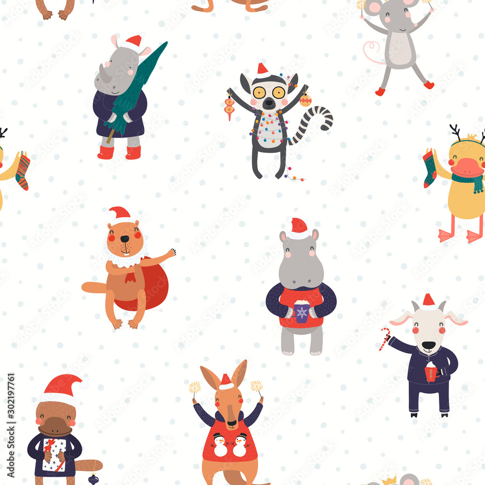 Hand drawn seamless vector pattern with cute animals in Santa hats doing Christmas activities, on white background. Scandinavian style flat design. Concept for kids print, wallpaper, wrapping paper. Hand drawn seamless vector pattern with cute animals in Santa hats doing Christmas activities, on white background. Scandinavian style flat design. Concept for kids print, wallpaper, wrapping paper.
