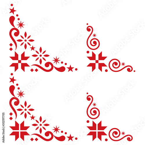 Christmas vector corner set - Scandinavian style, folk design elements with snowflakes in red on white background