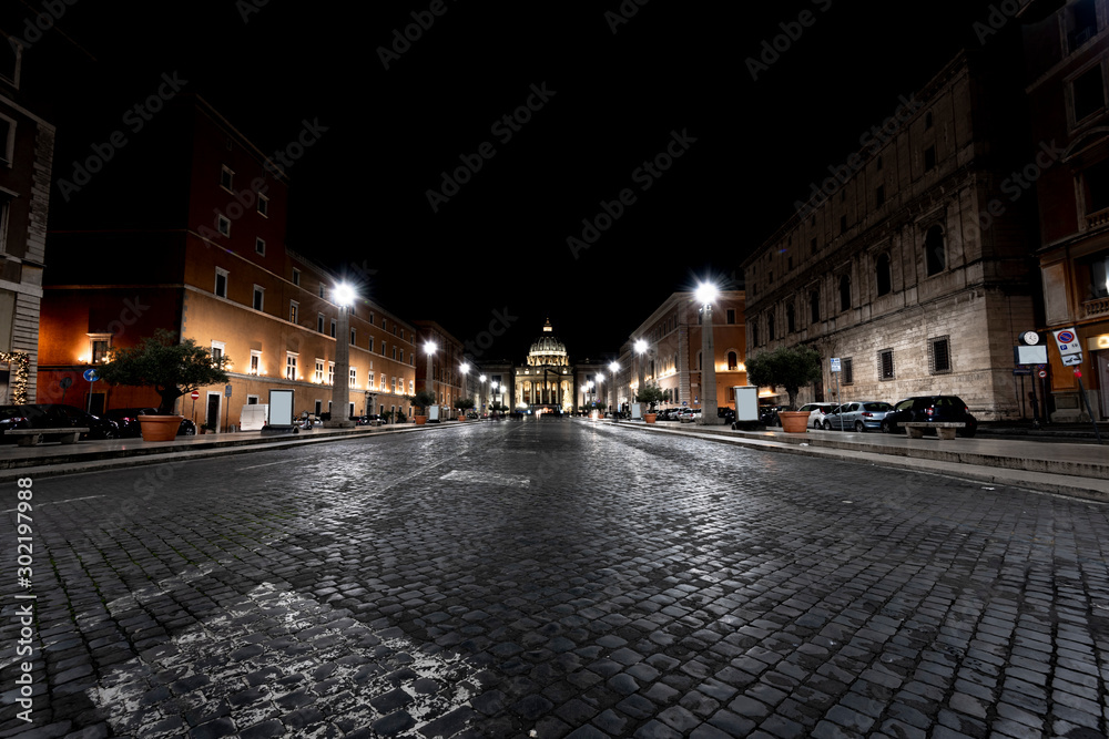 way of conciliation and in the background San Pietro, Rome by night