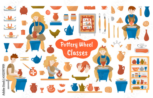 Pottery wheel and pottery mega vector set for background, print or textile. Ceramists, potter's wheels, pots, dishes, teapots, plates, blutz. Isolated items on a white background. Set of pottery works