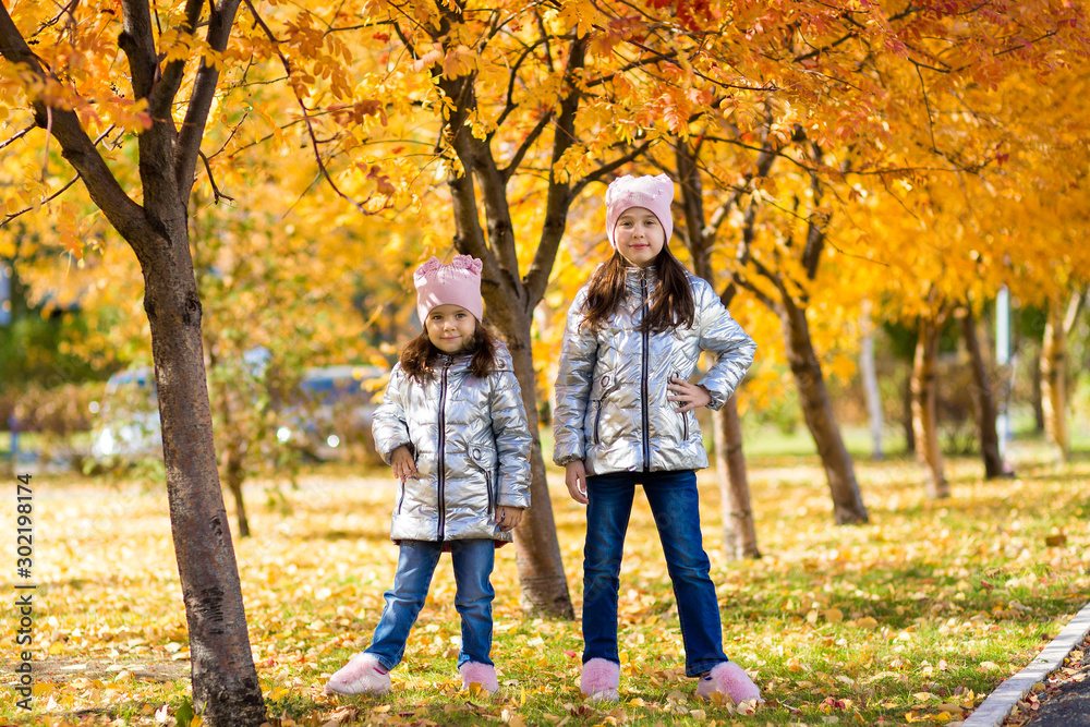 little girls in identical clothes have fun walking in the autumn Park little girls in identical clothes have fun walking in the autumn Park