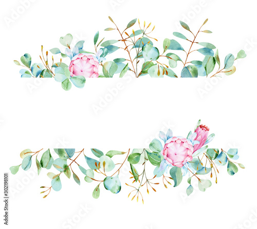 Watercolor eucalyptus and pink protea frame. exotic floral for wedding. Silver dollar eucalyptus. Hand painted floral illustration isolated on white background. For wedding, design or print.