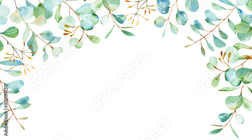 Watercolor eucalyptus wreath in blue and green colours. Silver dollar eucalyptus. Hand painted floral illustration with green leaves isolated on white background. For wedding, design or print.